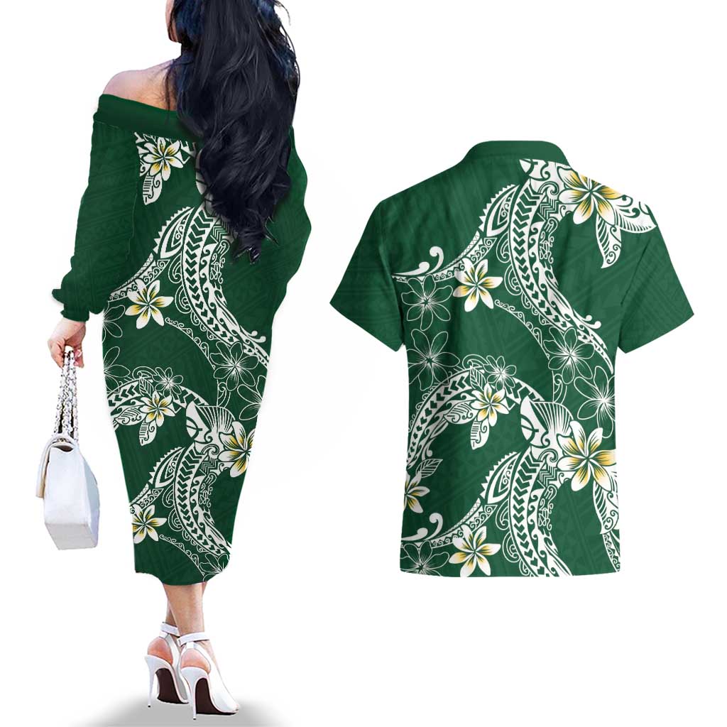 Polynesian Hawaiian Plumeria Tribal Pattern Couples Matching Off The Shoulder Long Sleeve Dress and Hawaiian Shirt Green Version