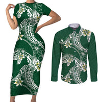 Polynesian Hawaiian Plumeria Tribal Pattern Couples Matching Short Sleeve Bodycon Dress and Long Sleeve Button Shirt Green Version