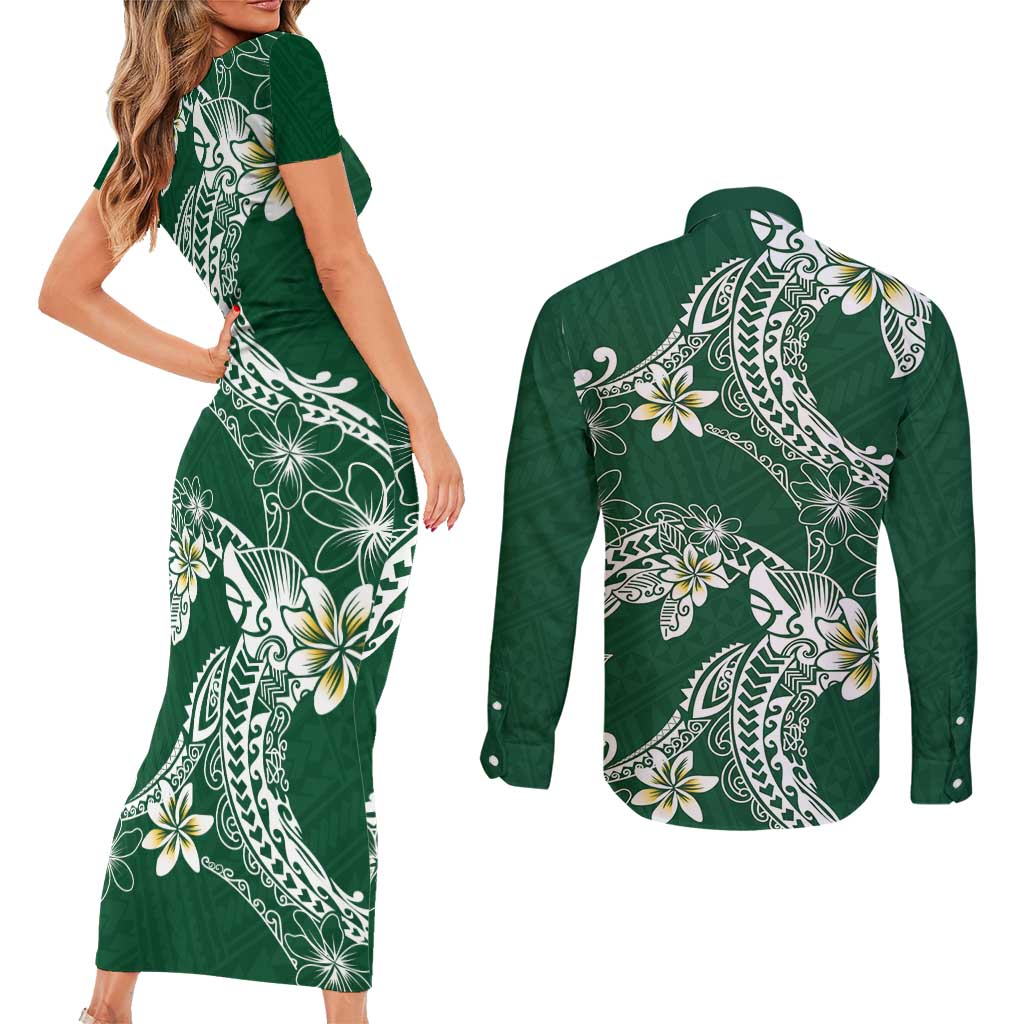 Polynesian Hawaiian Plumeria Tribal Pattern Couples Matching Short Sleeve Bodycon Dress and Long Sleeve Button Shirt Green Version