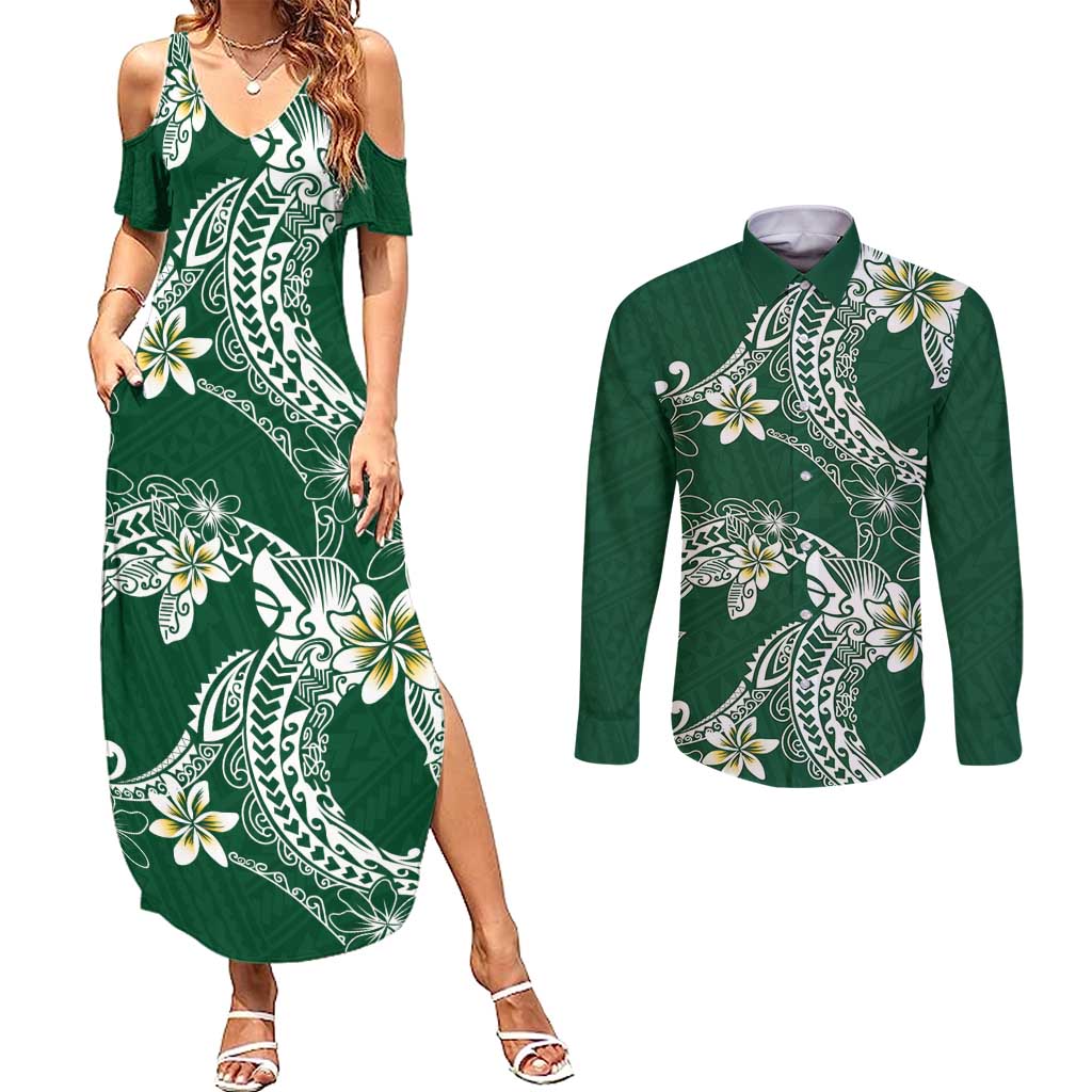 Polynesian Hawaiian Plumeria Tribal Pattern Couples Matching Summer Maxi Dress and Long Sleeve Button Shirt Green Version