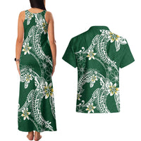 Polynesian Hawaiian Plumeria Tribal Pattern Couples Matching Tank Maxi Dress and Hawaiian Shirt Green Version