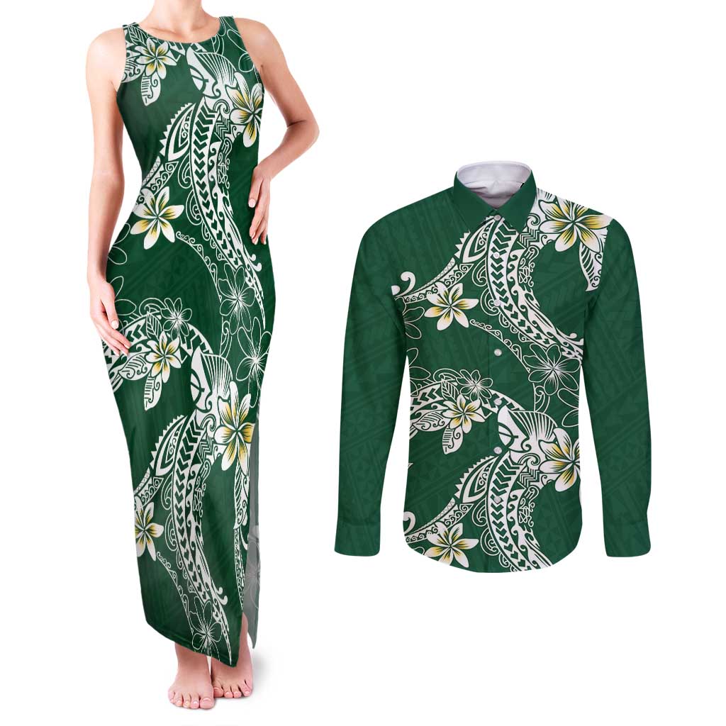 Polynesian Hawaiian Plumeria Tribal Pattern Couples Matching Tank Maxi Dress and Long Sleeve Button Shirt Green Version