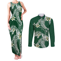 Polynesian Hawaiian Plumeria Tribal Pattern Couples Matching Tank Maxi Dress and Long Sleeve Button Shirt Green Version