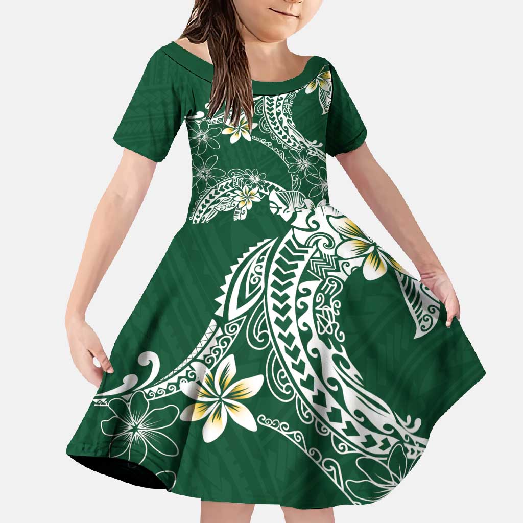Polynesian Hawaiian Plumeria Tribal Pattern Family Matching Long Sleeve Bodycon Dress and Hawaiian Shirt Green Version