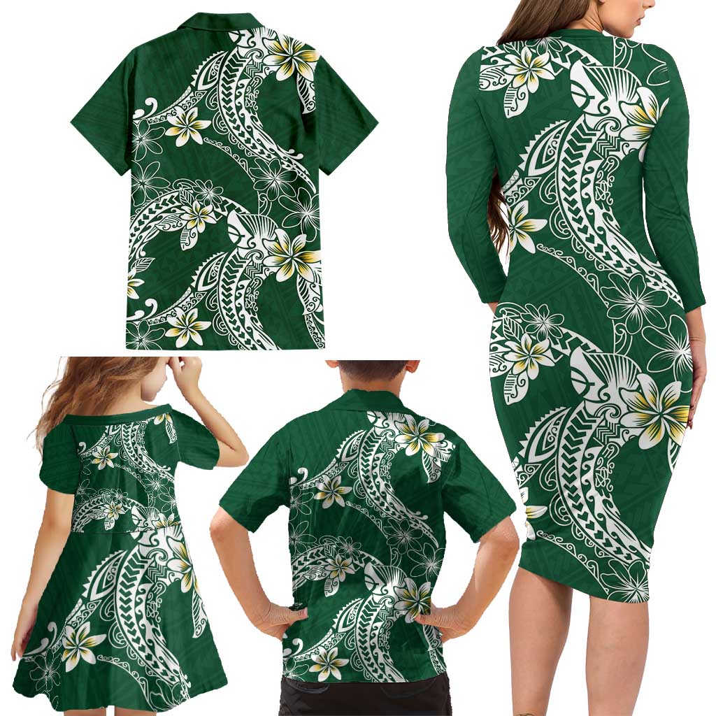Polynesian Hawaiian Plumeria Tribal Pattern Family Matching Long Sleeve Bodycon Dress and Hawaiian Shirt Green Version