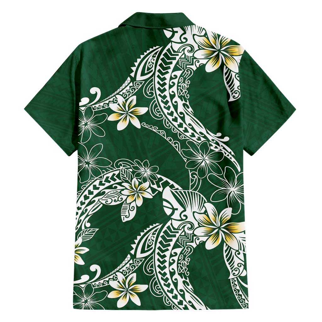 Polynesian Hawaiian Plumeria Tribal Pattern Family Matching Long Sleeve Bodycon Dress and Hawaiian Shirt Green Version