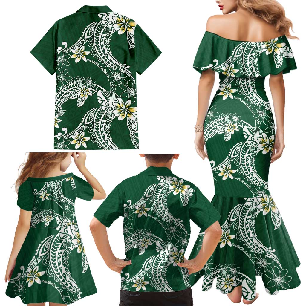 Polynesian Hawaiian Plumeria Tribal Pattern Family Matching Mermaid Dress and Hawaiian Shirt Green Version