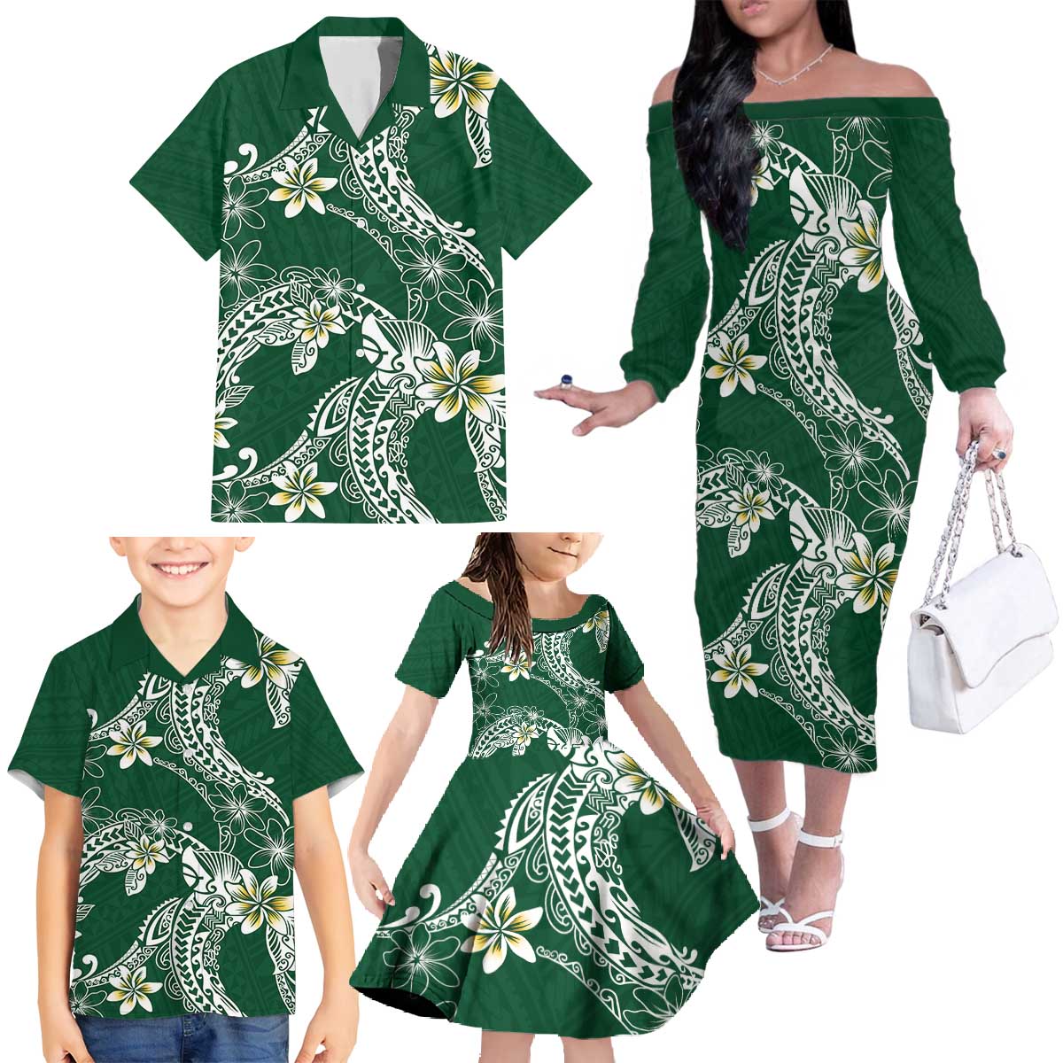 Polynesian Hawaiian Plumeria Tribal Pattern Family Matching Off The Shoulder Long Sleeve Dress and Hawaiian Shirt Green Version