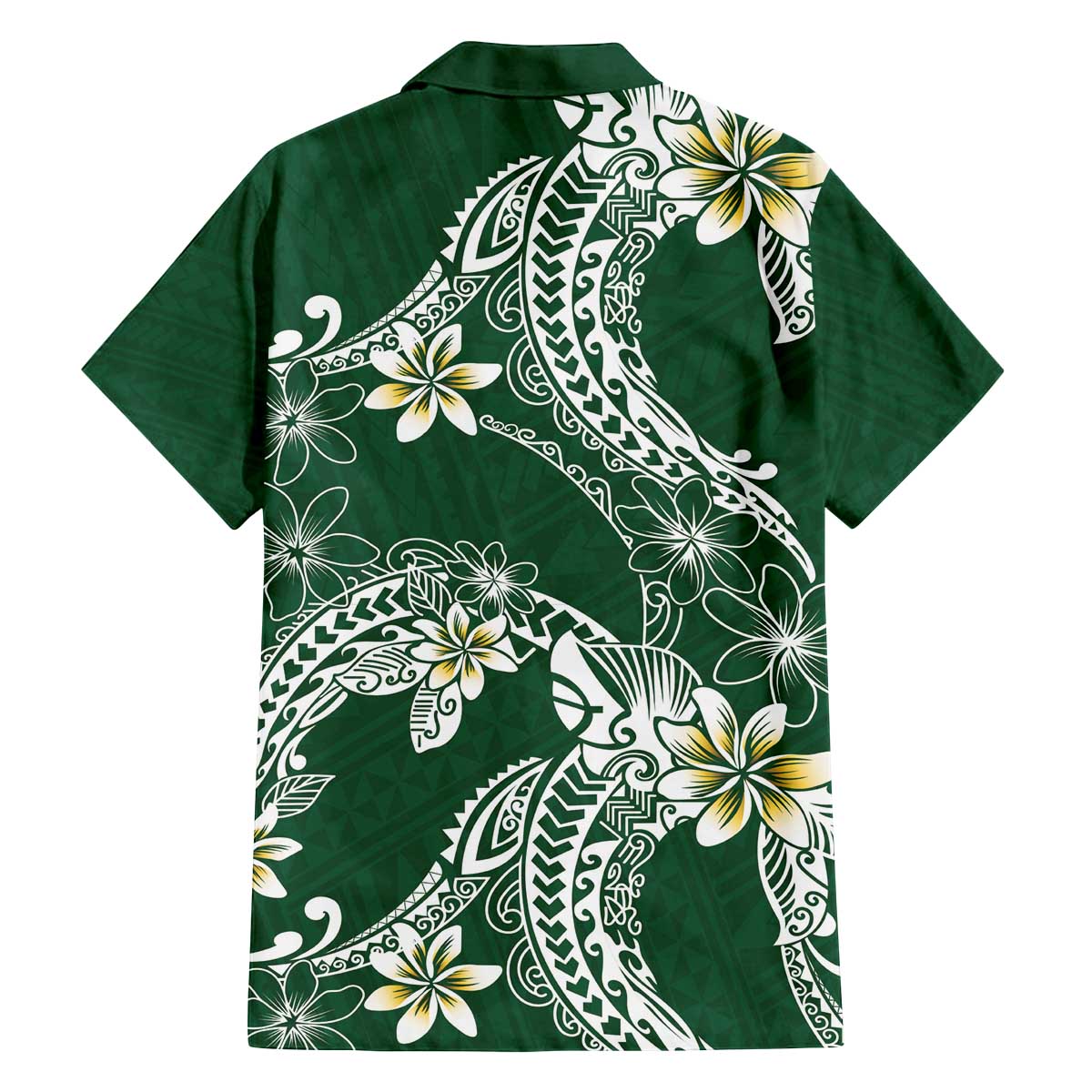 Polynesian Hawaiian Plumeria Tribal Pattern Family Matching Off The Shoulder Long Sleeve Dress and Hawaiian Shirt Green Version