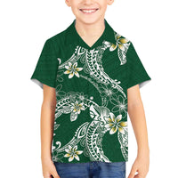 Polynesian Hawaiian Plumeria Tribal Pattern Family Matching Off The Shoulder Long Sleeve Dress and Hawaiian Shirt Green Version