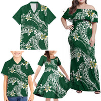 Polynesian Hawaiian Plumeria Tribal Pattern Family Matching Off Shoulder Maxi Dress and Hawaiian Shirt Green Version