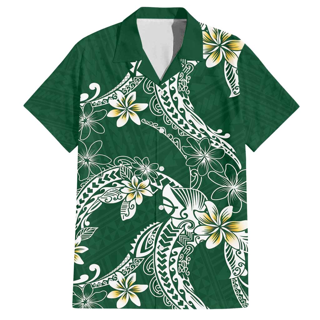 Polynesian Hawaiian Plumeria Tribal Pattern Family Matching Off Shoulder Maxi Dress and Hawaiian Shirt Green Version