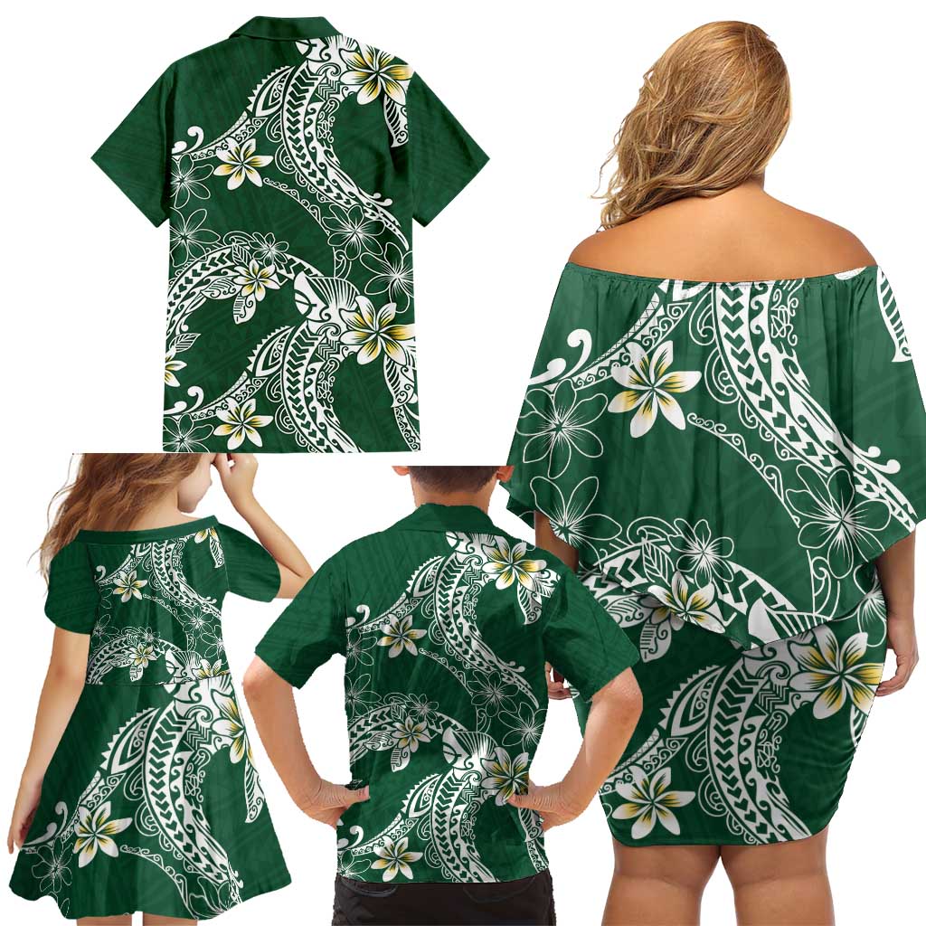 Polynesian Hawaiian Plumeria Tribal Pattern Family Matching Off Shoulder Short Dress and Hawaiian Shirt Green Version