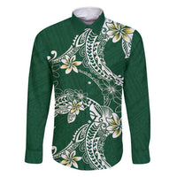 Polynesian Hawaiian Plumeria Tribal Pattern Family Matching Off Shoulder Short Dress and Hawaiian Shirt Green Version