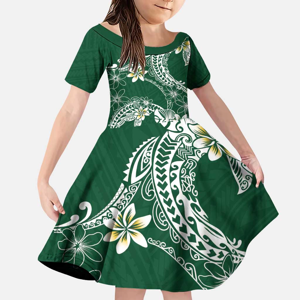 Polynesian Hawaiian Plumeria Tribal Pattern Family Matching Puletasi and Hawaiian Shirt Green Version LT01 Daughter's Dress Green - Polynesian Pride