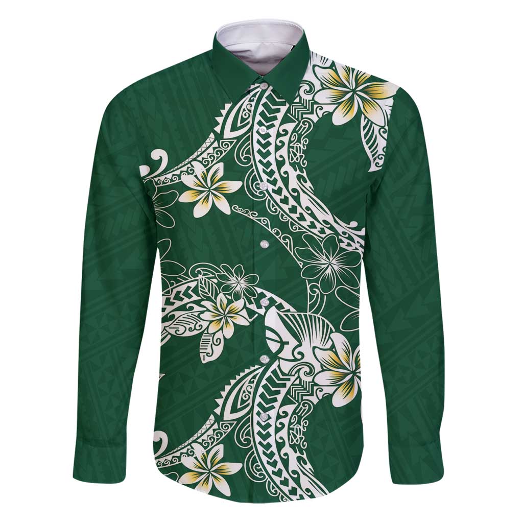 Polynesian Hawaiian Plumeria Tribal Pattern Family Matching Puletasi and Hawaiian Shirt Green Version LT01 Dad's Shirt - Long Sleeve Green - Polynesian Pride