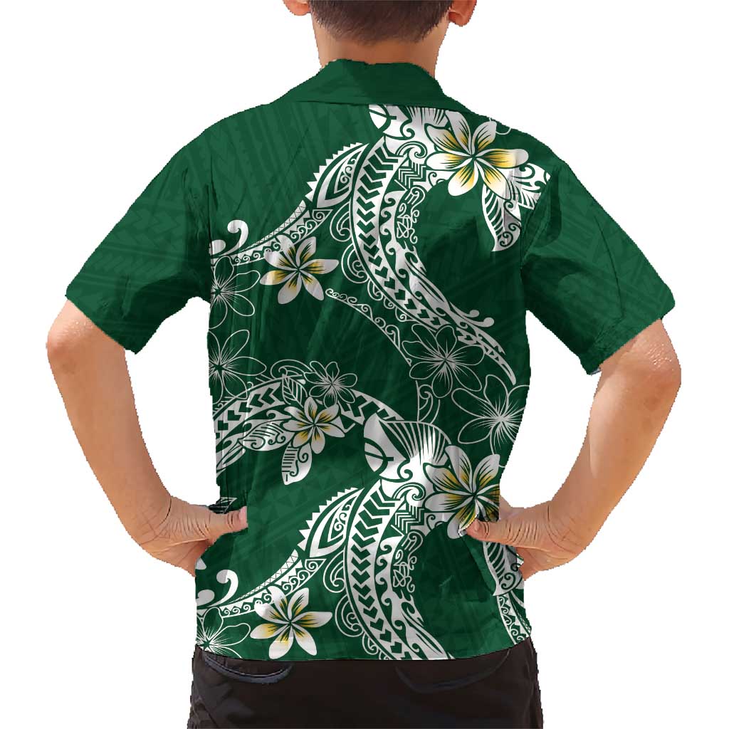 Polynesian Hawaiian Plumeria Tribal Pattern Family Matching Short Sleeve Bodycon Dress and Hawaiian Shirt Green Version