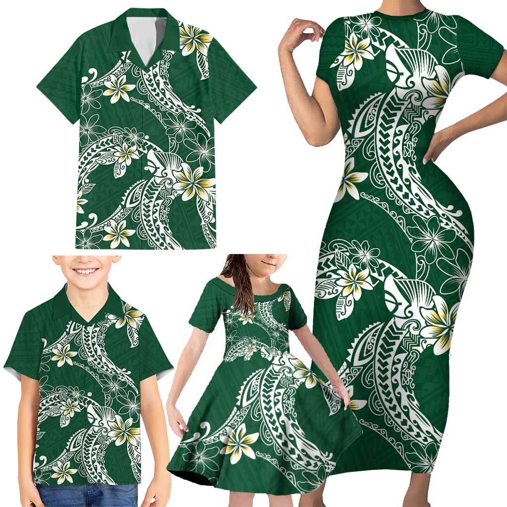 Polynesian Hawaiian Plumeria Tribal Pattern Family Matching Short Sleeve Bodycon Dress and Hawaiian Shirt Green Version