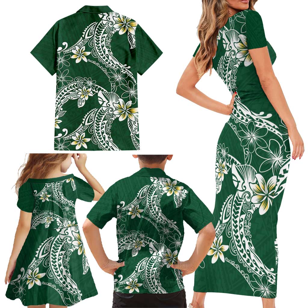 Polynesian Hawaiian Plumeria Tribal Pattern Family Matching Short Sleeve Bodycon Dress and Hawaiian Shirt Green Version