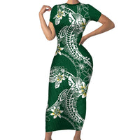 Polynesian Hawaiian Plumeria Tribal Pattern Family Matching Short Sleeve Bodycon Dress and Hawaiian Shirt Green Version