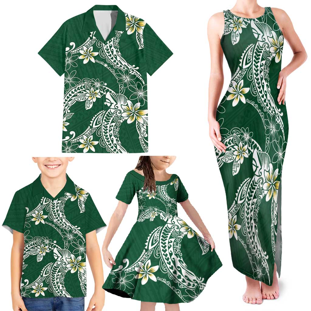 Polynesian Hawaiian Plumeria Tribal Pattern Family Matching Tank Maxi Dress and Hawaiian Shirt Green Version