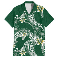 Polynesian Hawaiian Plumeria Tribal Pattern Family Matching Tank Maxi Dress and Hawaiian Shirt Green Version