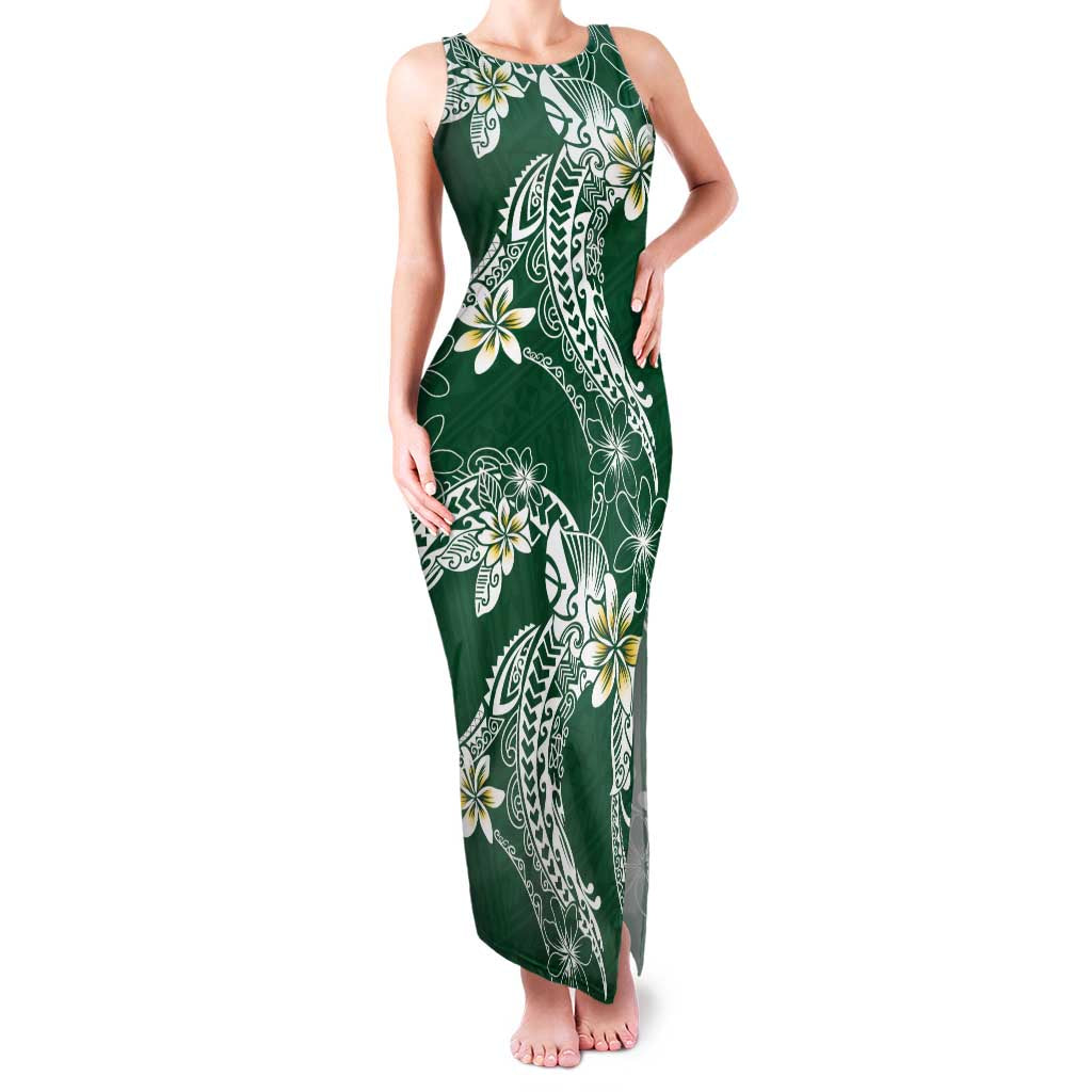 Polynesian Hawaiian Plumeria Tribal Pattern Family Matching Tank Maxi Dress and Hawaiian Shirt Green Version