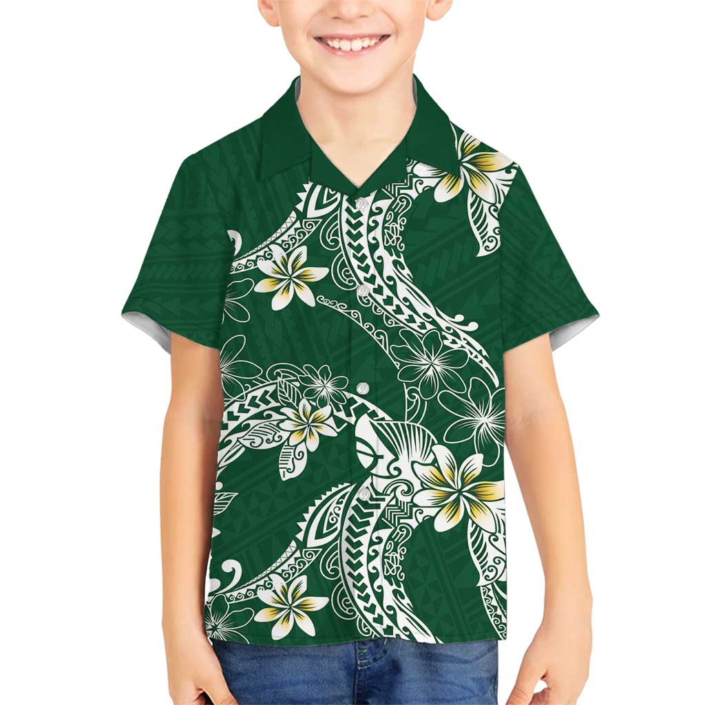 Polynesian Hawaiian Plumeria Tribal Pattern Family Matching Tank Maxi Dress and Hawaiian Shirt Green Version