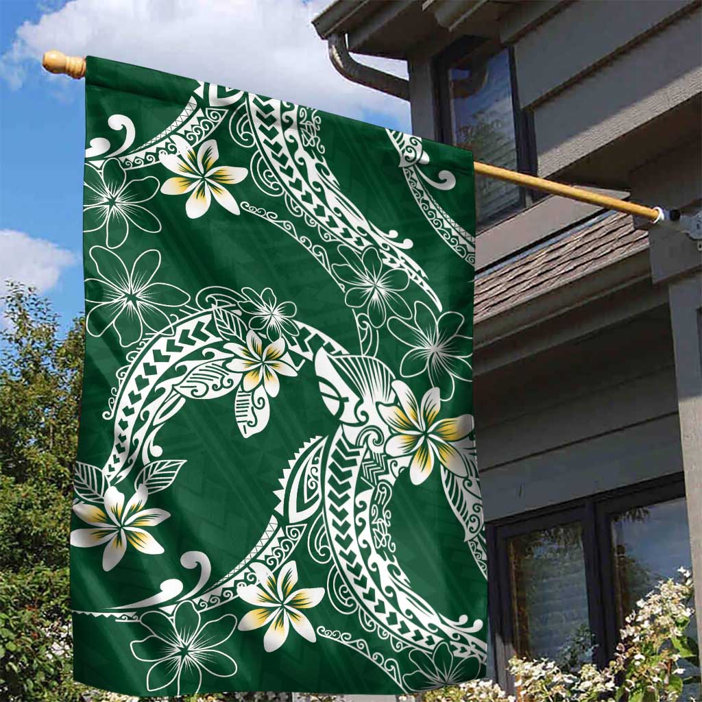 Polynesian Hawaiian Plumeria Tribal Pattern Garden Flag Green Version