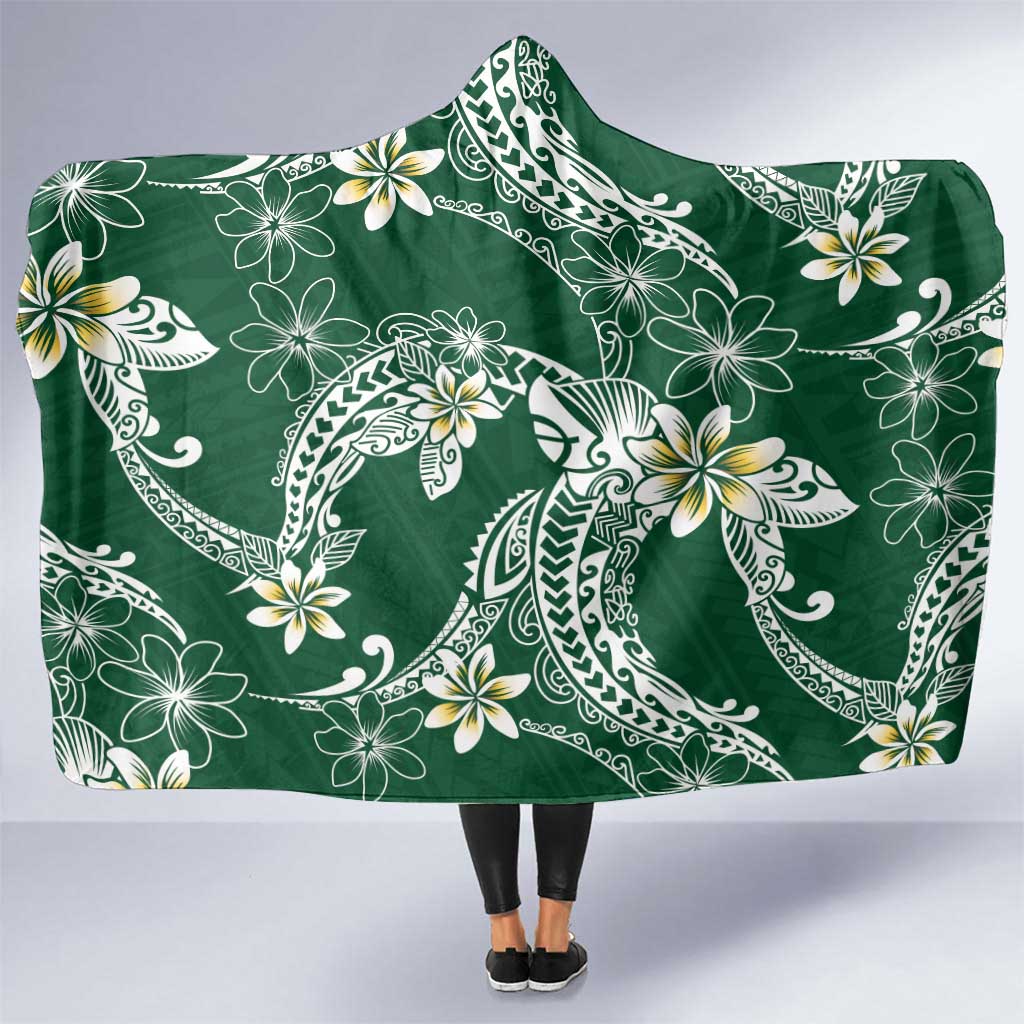 Polynesian Hawaiian Plumeria Tribal Pattern Hooded Blanket Green Version