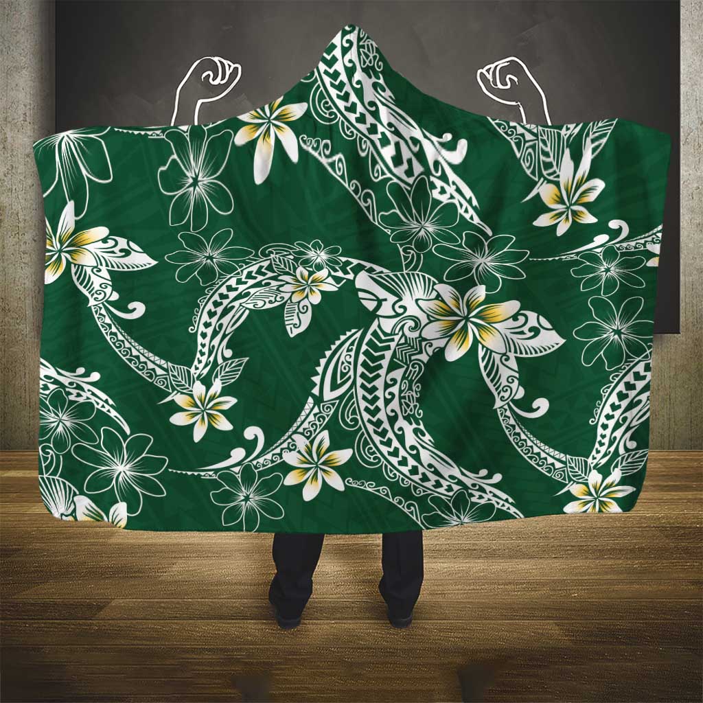 Polynesian Hawaiian Plumeria Tribal Pattern Hooded Blanket Green Version