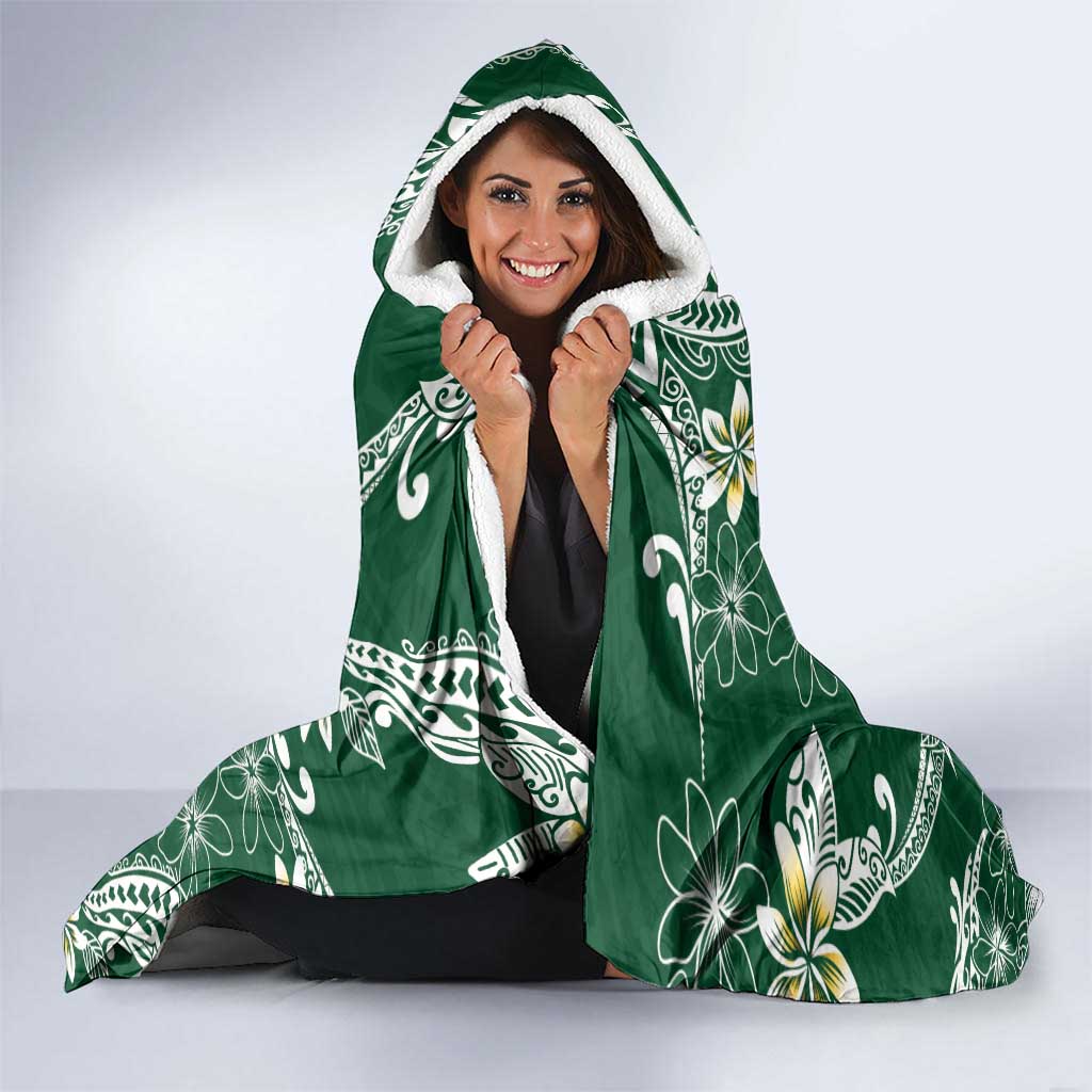 Polynesian Hawaiian Plumeria Tribal Pattern Hooded Blanket Green Version