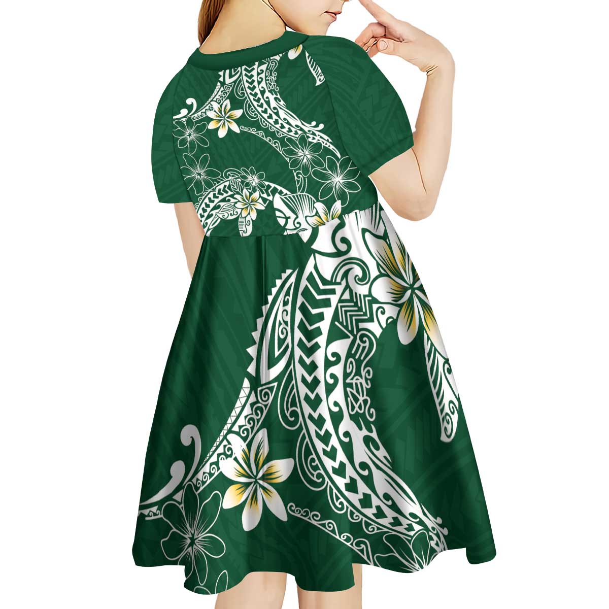 Polynesian Hawaiian Plumeria Tribal Pattern Kid Short Sleeve Dress Green Version