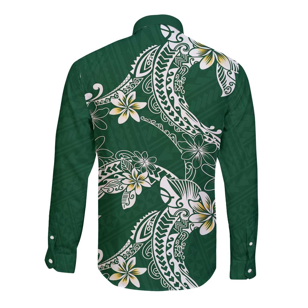 Polynesian Hawaiian Plumeria Tribal Pattern Long Sleeve Button Shirt Green Version LT01 - Polynesian Pride