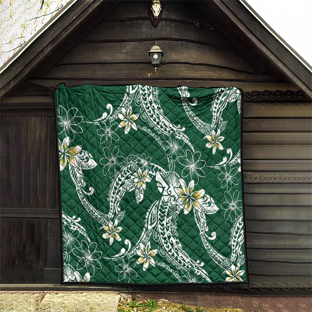 Polynesian Hawaiian Plumeria Tribal Pattern Quilt Green Version