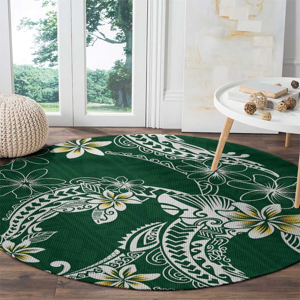 Polynesian Hawaiian Plumeria Tribal Pattern Round Carpet Green Version