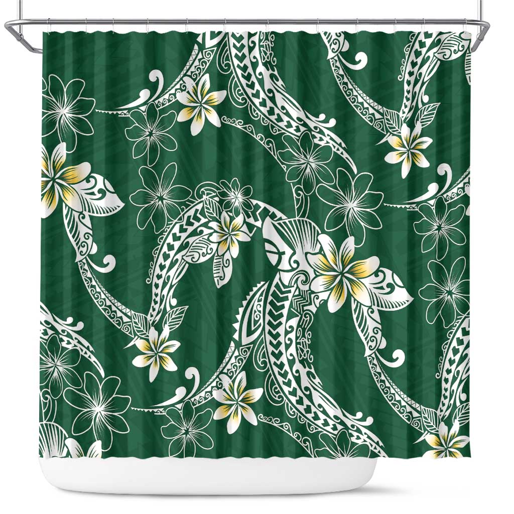 Polynesian Hawaiian Plumeria Tribal Pattern Shower Curtain Green Version