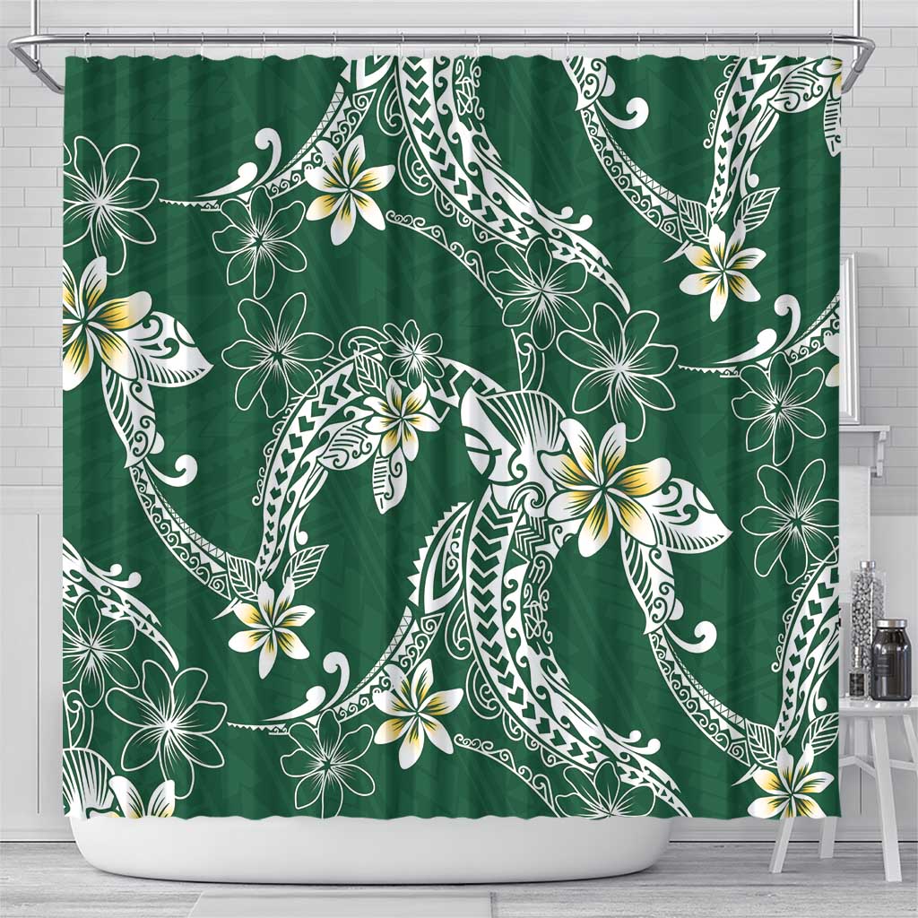 Polynesian Hawaiian Plumeria Tribal Pattern Shower Curtain Green Version