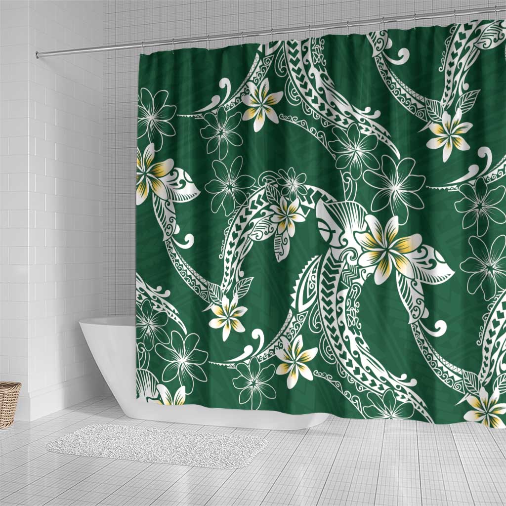 Polynesian Hawaiian Plumeria Tribal Pattern Shower Curtain Green Version