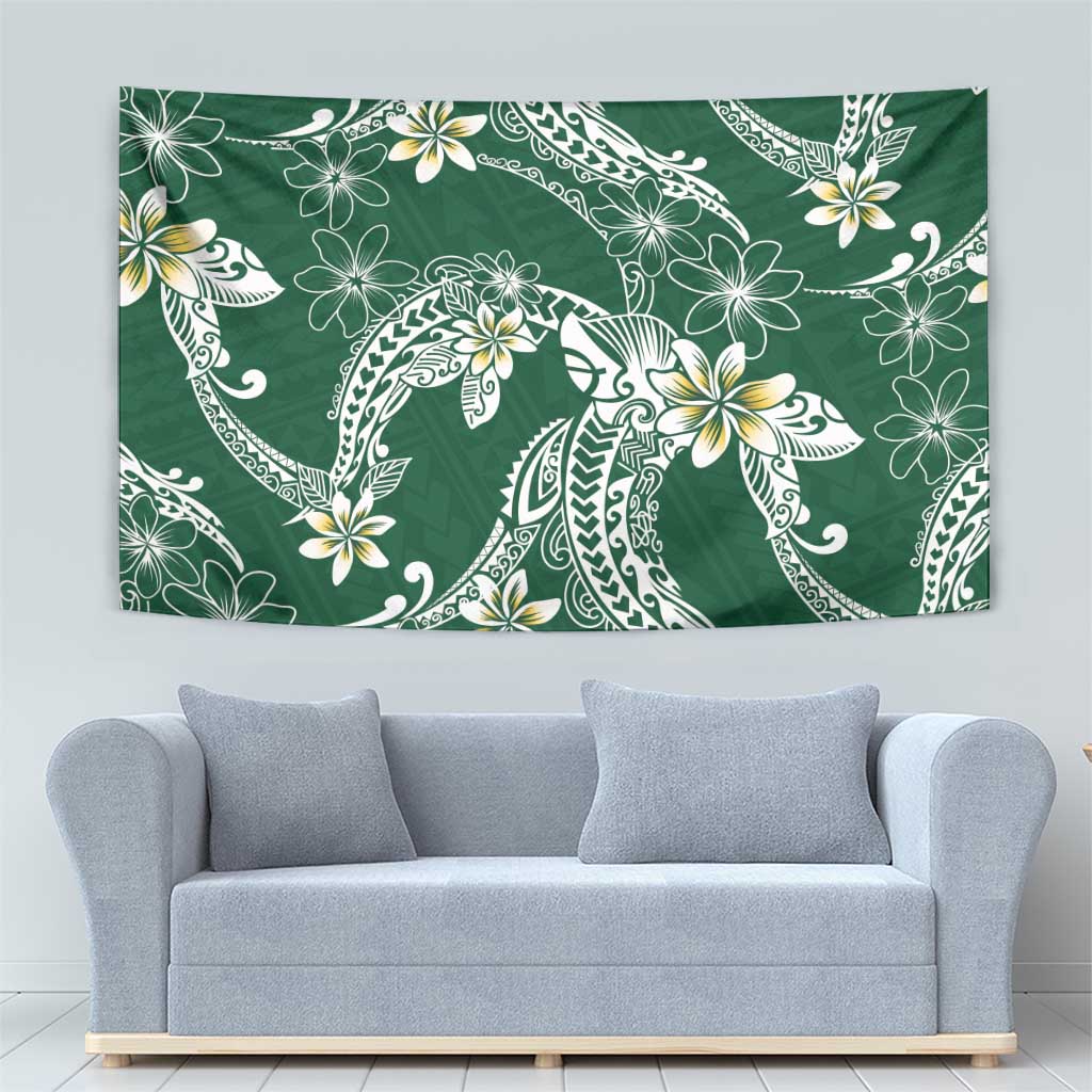 Polynesian Hawaiian Plumeria Tribal Pattern Tapestry Green Version
