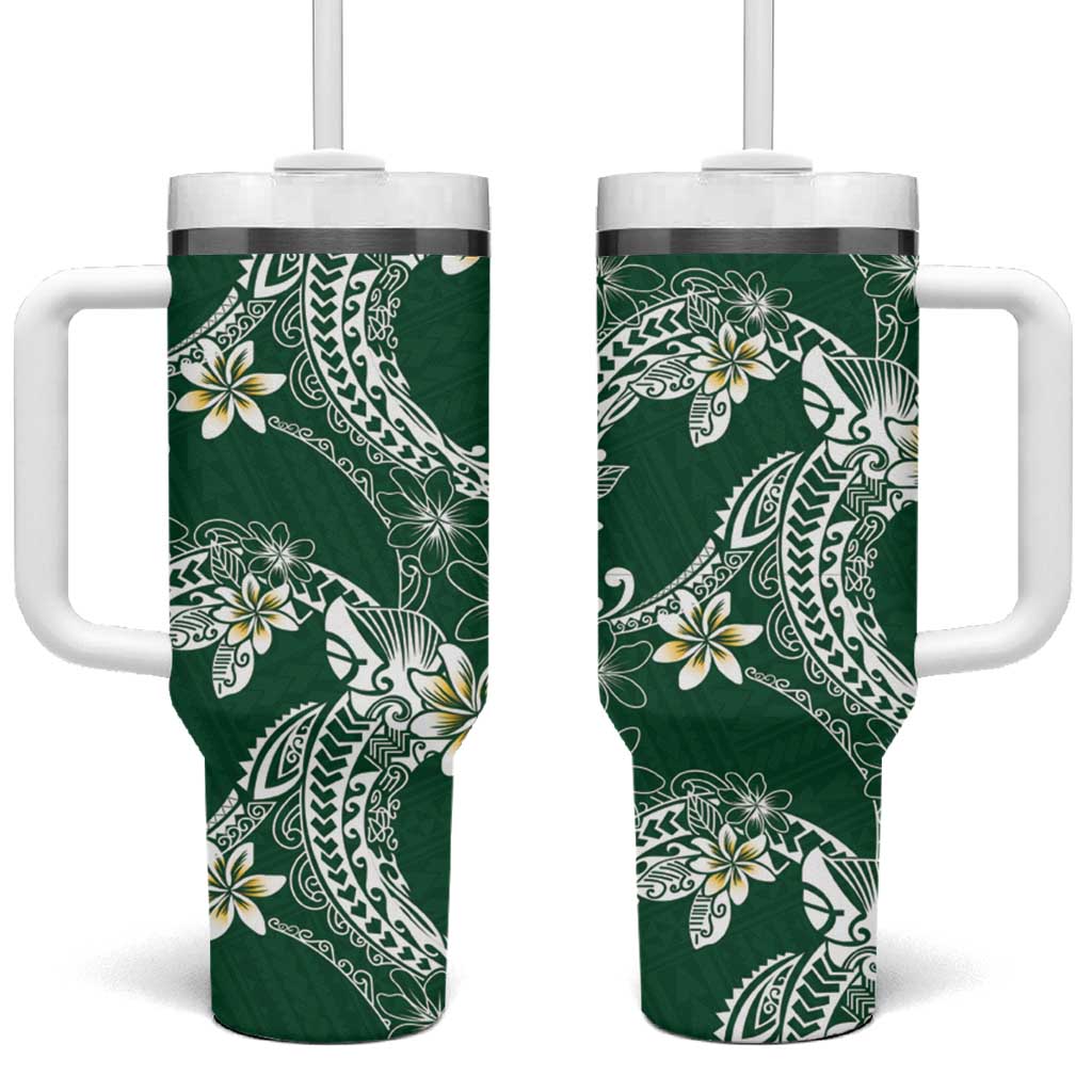 Polynesian Hawaiian Plumeria Tribal Pattern Tumbler With Handle Green Version