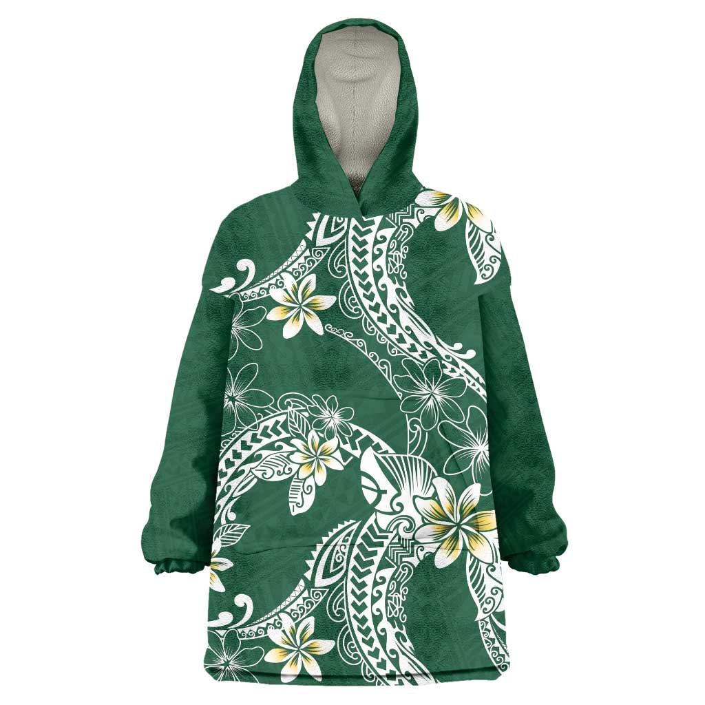 Polynesian Hawaiian Plumeria Tribal Pattern Wearable Blanket Hoodie Green Version