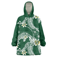 Polynesian Hawaiian Plumeria Tribal Pattern Wearable Blanket Hoodie Green Version