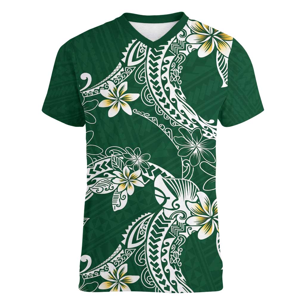 Polynesian Hawaiian Plumeria Tribal Pattern Women V-Neck T-Shirt Green Version LT01 Female Green - Polynesian Pride