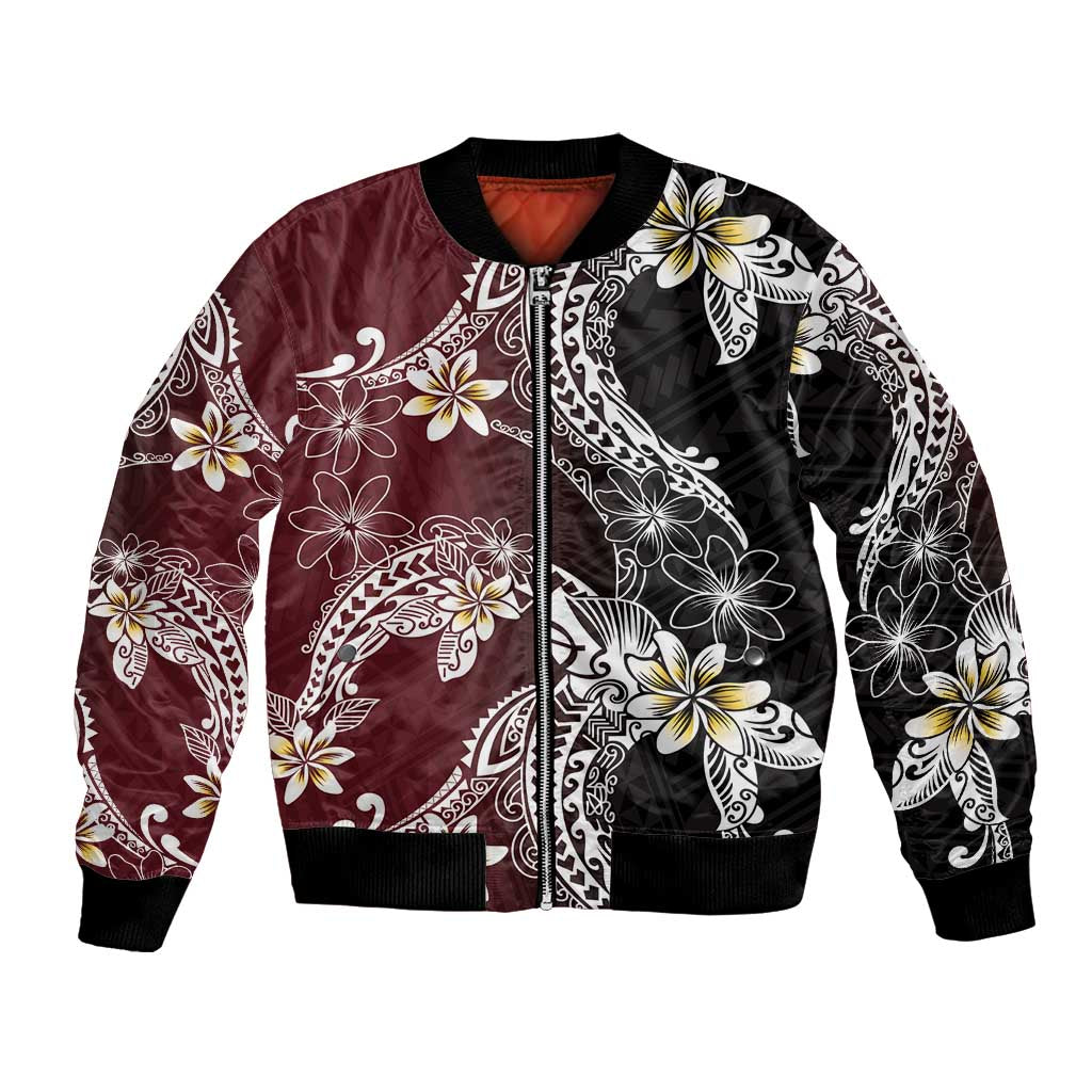 Polynesian Hawaiian Plumeria Tribal Pattern Bomber Jacket Special Wine Red Version LT01 Unisex Red - Polynesian Pride