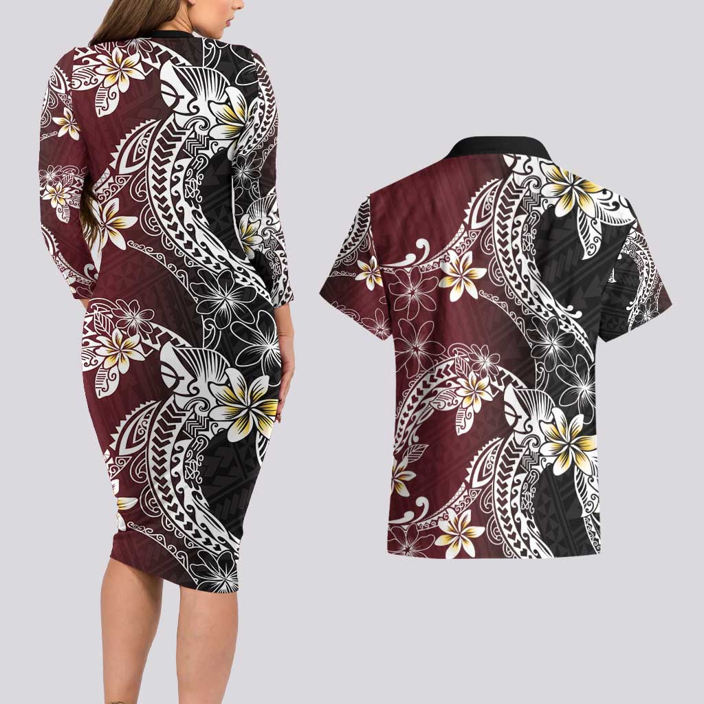 Polynesian Hawaiian Plumeria Tribal Pattern Couples Matching Long Sleeve Bodycon Dress and Hawaiian Shirt Special Wine Red Version