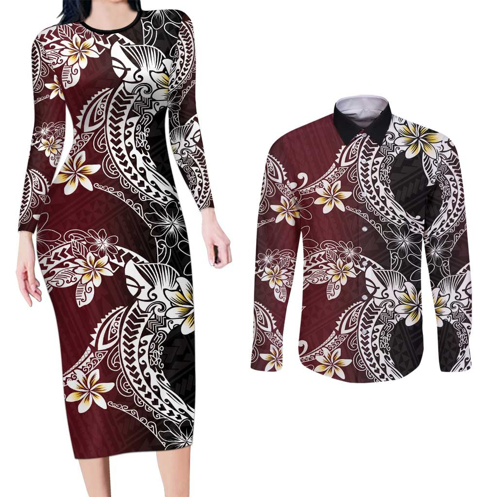Polynesian Hawaiian Plumeria Tribal Pattern Couples Matching Long Sleeve Bodycon Dress and Long Sleeve Button Shirt Special Wine Red Version