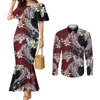 Polynesian Hawaiian Plumeria Tribal Pattern Couples Matching Mermaid Dress and Long Sleeve Button Shirt Special Wine Red Version
