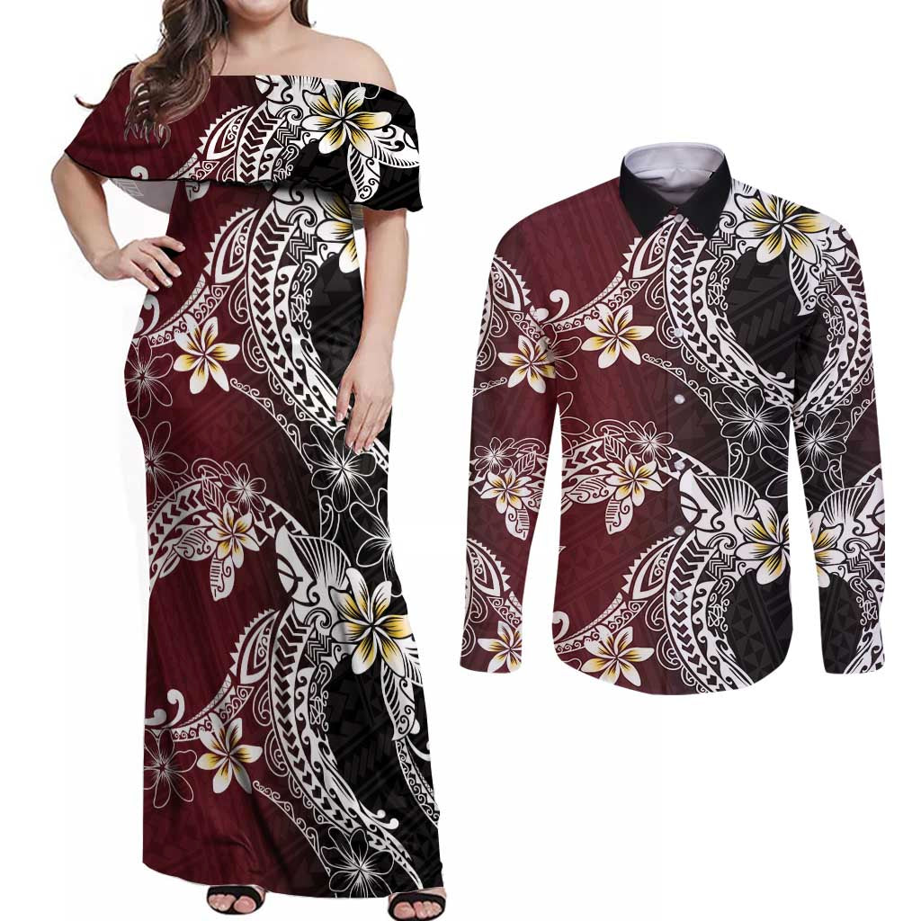 Polynesian Hawaiian Plumeria Tribal Pattern Couples Matching Off Shoulder Maxi Dress and Long Sleeve Button Shirt Special Wine Red Version