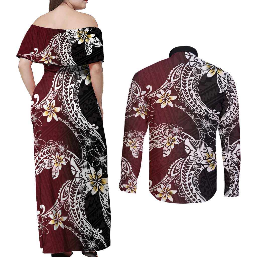 Polynesian Hawaiian Plumeria Tribal Pattern Couples Matching Off Shoulder Maxi Dress and Long Sleeve Button Shirt Special Wine Red Version